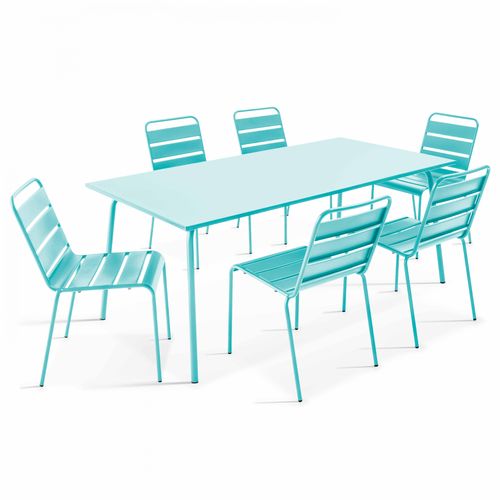 Oviala Gartentisch und 6 Metallstühle Blau 180x72x90cm