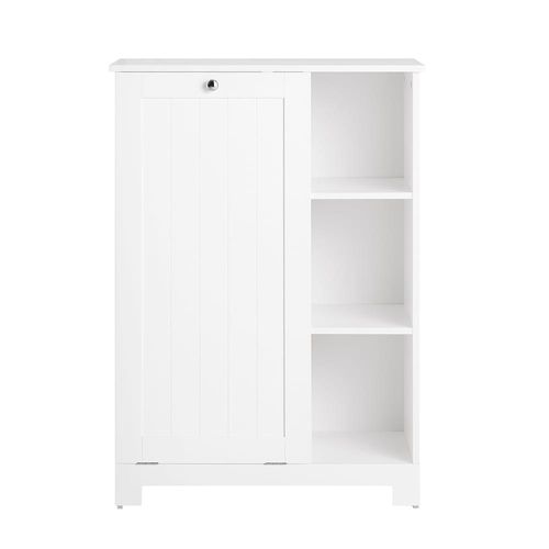 SoBuy Badschrank mit ausklappbarem Wäschesack Holz Weiß 60x86x37cm