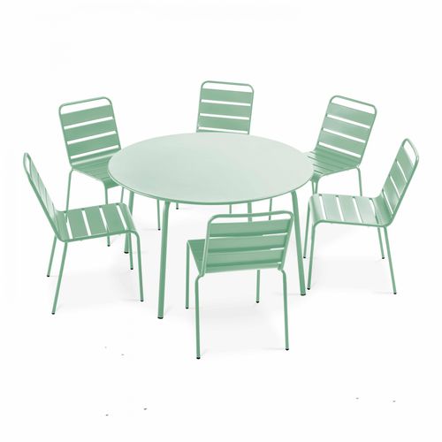 Oviala Runder Gartentisch und 6 Metallstühle Salbeigrün 0x72x0cm