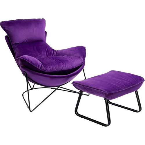 Kare Design Sessel und Fußstütze aus violettem Samt und schwarzem Stahl 109x84x142cm