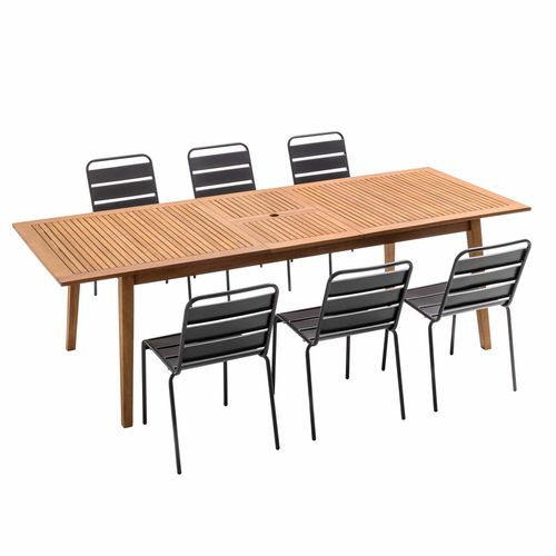 Oviala Holztisch und 6 Metallstühle für den Garten Braun 250x75x100cm