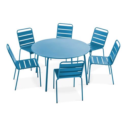 Oviala Runder Gartentisch und 6 Metallstühle Pazifisch blau 0x72x0cm