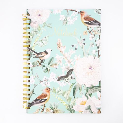Blaues Spiral-Notizbuch mit Blumen- und Vogelmuster A4
