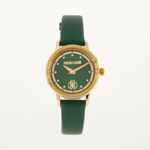 Dunkelgrün-goldfarbene Armbanduhr mit Lederband