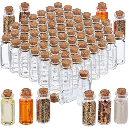 Relaxdays Mini Glasflaschen mit Korken, 72er Set, kleine Glasfläschchen zum Befüllen, 10ml, Deko Fläschchen, transparent