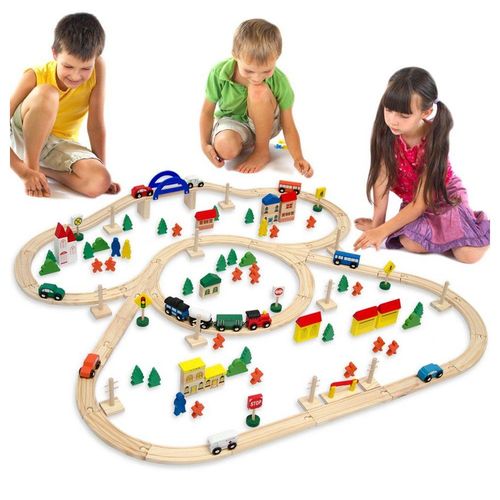 eyepower Spielzeug-Eisenbahn 130 Teile XXL Holzeisenbahn Set 5m Schienen Holz, Eisenbahn Kinder Spielzeug, braun|bunt