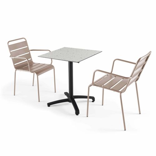 Oviala Quadratisches Tischset aus HPL und 2 Metallstühlen Taupe 60x72x60cm