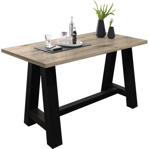 Bartisch MÄUSBACHER, schwarz (schwarzstahl, sandeichefarben, schwarzstahl), B:140cm H:105cm T:70cm, Tische, Bartisch, Gestell in A-Form (Breite 120, 140 oder 160 cm)