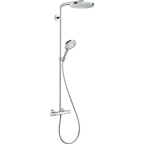 Duschsystem HANSGROHE, silber (chrom), Metall, Brausegarnituren, 24cm, PowderRain mit Thermostat