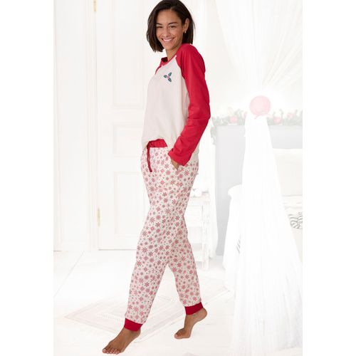 Schlafanzug LASCANA, Damen, Gr. 40/42, rot (rot, ecru, gemustert), Single Jersey, Obermaterial: 100% Baumwolle, gemustert, casual, lang, Rundhals, Langarm Raglanärmel, Homewear-Sets, mit winterlichen Motiven
