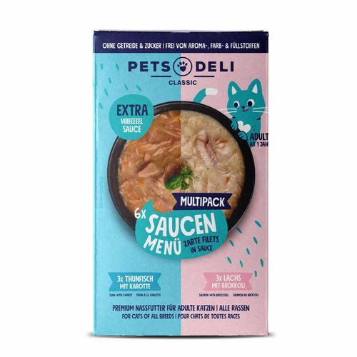 Saucen Menü Multipack - Katzenfutter nass - Putenfilet, Thunfischfilet und Hühnerfilet - Zucchini, Karotte - Adult - getreidefrei, zuckerfrei - 6 x 70g von Pets Deli