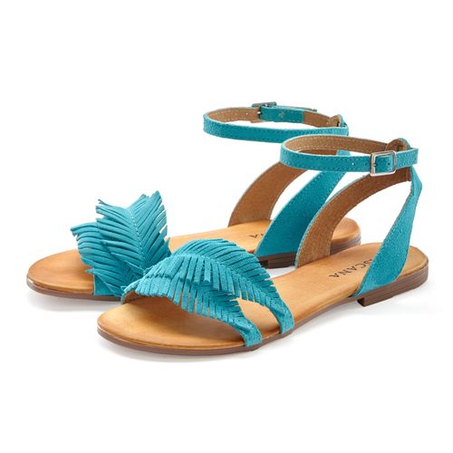 Sandale LASCANA Gr. 37, blau (türkis) Damen Schuhe Sandalette, Sommerschuh aus Leder mit modischen Fransen