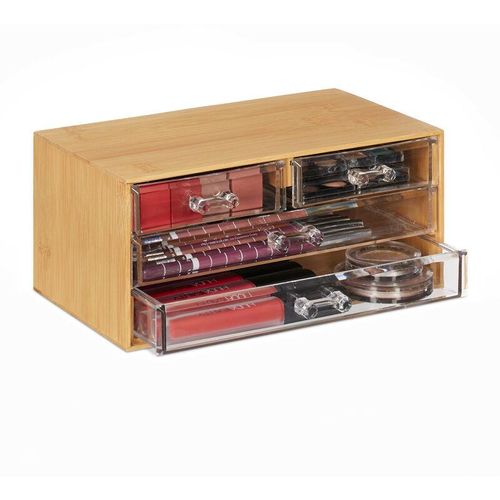 Make Up Organizer Bambus, 4 Schubladen, hbt: 11x23,5x15 cm, Schminkaufbewahrung & Schmuck, natur/transparent - Relaxdays