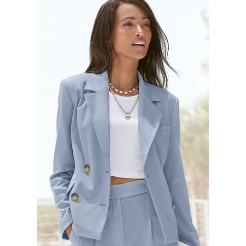 Kurzblazer LASCANA, Damen, Gr. 36, blau (hellblau), Web, Obermaterial: 64% Polyester, 32% Viskose, 4% Elasthan. Futter: 100% Polyester, unifarben, modisch, figurbetont hüftlang, Langarm, Blazer, mit doppelreihigem Knopfverschluss, Damenblazer, sportlich-elegant, Topseller