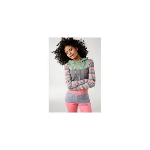 Kapuzenpullover KANGAROOS Gr. 36/38 (S), bunt (mint-grau-rosa-hellblau) Damen Pullover mit trendigem Colorblocking in verschiedenen Streifenbreiten