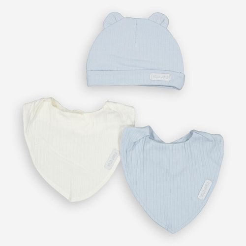 3-teiliges hellblaues Babyset aus Lätzchen und Mütze