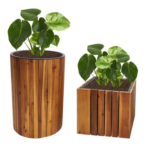 2er-Set Pflanzkasten MCW-L24, Pflanztopf Pflanzkübel Blumentopf Blumenkasten, rund eckig Outdoor Akazie Holz MVG braun
