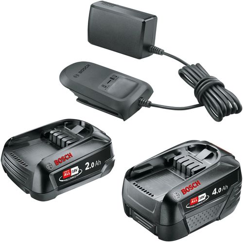 Akku Starter-Set BOSCH HOME & GARDEN, schwarz, B:240mm H:175mm T:74mm, Akkumulatoren, bestehend aus 2 Akkus und 1 Ladegerät