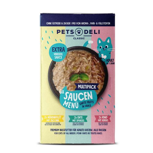 Saucen Menü Multipack - Katzenfutter nass - Putenfilet, Thunfischfilet und Hühnerfilet - Zucchini, Karotte - Adult - getreidefrei, zuckerfrei - 6 x 70g von Pets Deli