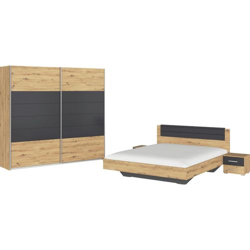 Schlafzimmer-Set RAUCH "Komplettschlafzimmer Schlafzimmer BARCELONA mit Schrank Breite 226 cm" Schlafzimmermöbel-Sets Gr. mit Bett 160x200cm + ohne Matratze, B/H: 160cm x 200cm, grau (eiche artisan, graumetallic) Bett 160 oder 180 cm und 2 Nachttischen MADE IN GERMANY