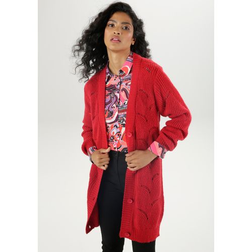 Longstrickjacke ANISTON SELECTED Gr. 48, rot Damen Strickjacken mit Lochstrick-Muster