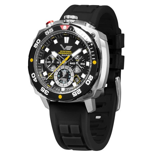Vostok Europe Systema Periodicum Sulfur Chronograph Herrenuhr inkl.2 Armbänder Schwarz/Gelb Leder/Silikon - VK67-650E725