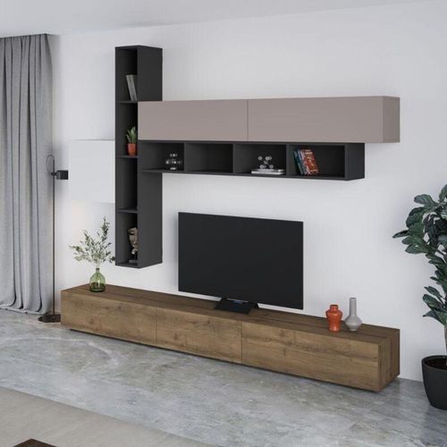 Anthrazit weiß und taubengrau Nussbaum Wandsystem 275x205H cm - Fashion