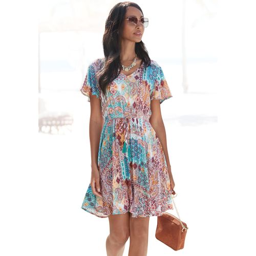 Druckkleid LASCANA, Damen, Gr. 44, N-Gr, bunt (bunt bedruckt), Cru00eape, Obermaterial: 100% Viskose, bedruckt, modisch, figurumspielend kniefrei, V-Ausschnitt, Kurzarm, Kleider, aus gekreppter Viskose, farbenfrohes Sommerkleid, Strandkleid