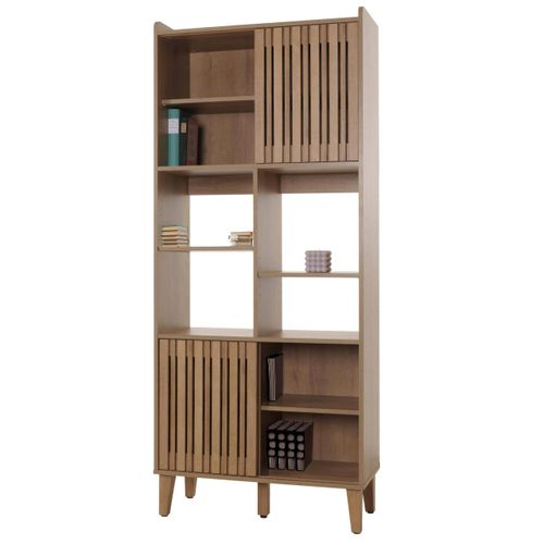 Bücherregal HWC-M48, Bücherschrank Hochschrank, Schiebetür 8 Staufächer MDF 178x75x35cm natur