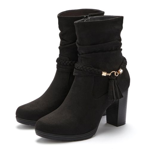 Stiefelette LASCANA, Damen, Gr. 37, schwarz, Obermaterial: 100% Textilmaterial. Futter: 100% Textilmaterial. Decksohle: 100% Lederimitat. Laufsohle: 100% Synthetik, unifarben, Flechtoptik, modisch, Schuhe, Stiefel, Boots mit Blockabsatz und Schmuckelement VEGAN