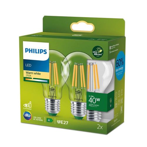 Philips LEDclassic E27 Leuchtmittel, 2,3 Watt, klar, Doppelpack, 8720169275034,