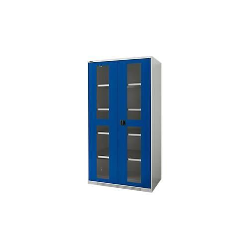 Schäfer Shop Genius Flügeltürenschrank FS, Stahl, Sichtfenster, Lüftungslöcher, B 1055 x T 620 x H 1950 mm, 5 OH, Lichtgrau/Enzianblau, bis 500 kg