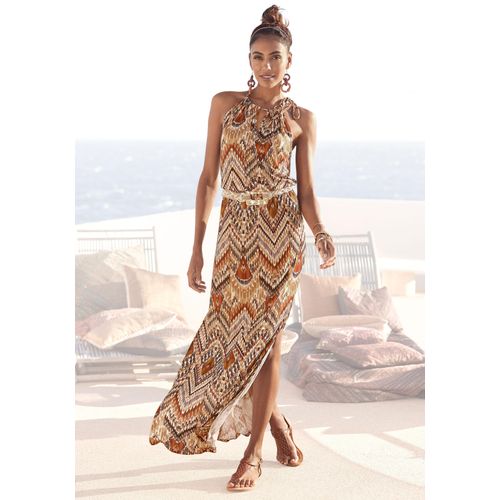 Maxikleid LASCANA, Damen, Gr. 36, N-Gr, braun (braun, bedruckt), Jersey, Obermaterial: 100% Viskose, bedruckt, ethno, modisch, figurumspielend, amerikanischer Ausschnitt, ohne Ärmel, Kleider, mit modischem Ausschnitt im Ethnoprint, Sommerkleid, Strandkleid