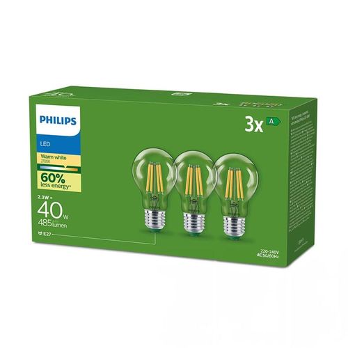 Philips LEDclassic E27 Leuchtmittel Ultra-Efficient, klar, Dreierpack, 8720169283862,