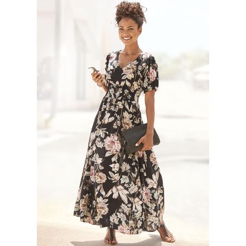 Maxikleid LASCANA, Damen, Gr. 34, N-Gr, schwarz (schwarz bedruckt), Web, Obermaterial: 100% Viskose, bedruckt, geblümt, modisch, figurumspielend bodenlang, V-Ausschnitt, Kurzarm, Kleider, mit Blumendruck und leichten Puffärmeln, Sommerkleid, casual-elegant, Topseller