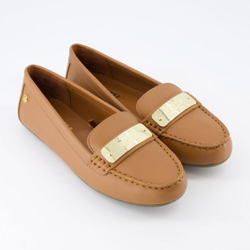 Cognacbraune Loafer mit goldfarbener Logoplatte