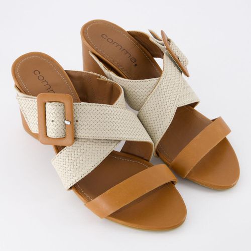 Beige-braune Sandalen mit Absatz aus Leder