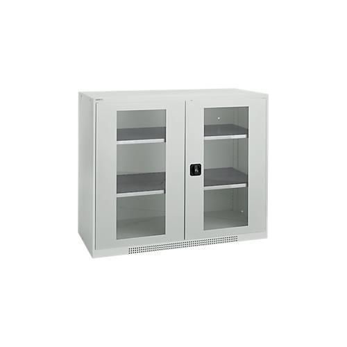 Schäfer Shop Genius Flügeltürenschrank FS, Stahl, Sichtfenster, Lüftungslöcher, B 1343 x T 520 x H 1105 mm, 3 OH, Lichtgrau/Lichtgrau, bis 450 kg