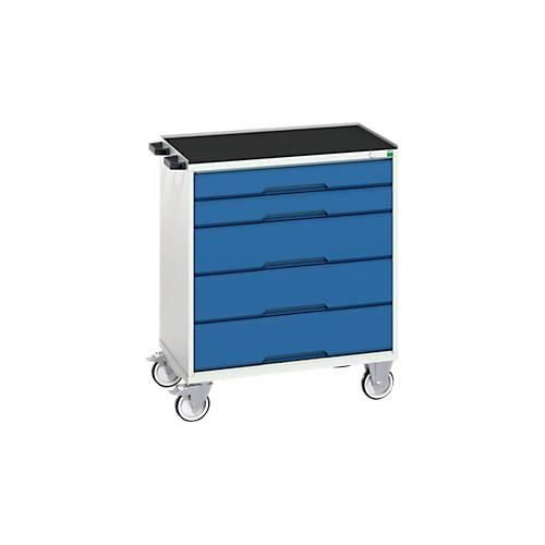 Mobiler Schubladenschrank Bott verso, 5 Schübe, bis 50 kg je Schub, Vollauszug, B 800 x T 550 x H 965 mm, Stahlblech, Grau-Blau