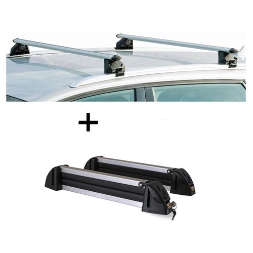 Relingträger CRV107A + Skiträger / Snowboardträger / Skihalter Alu 4 Paar Ski kompatibel mit Volvo XC90 5 Türer ab 2015