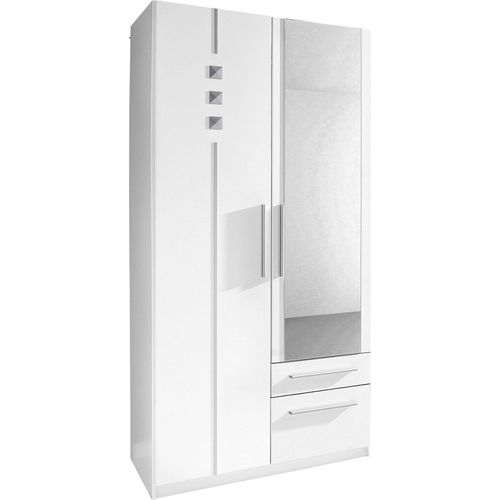 Kleiderschrank PRIESS, weiß, B:94cm H:193cm T:54cm, Holzwerkstoff, Schränke, 1-bis 5-türig, mit silberfarbigen Applikationen