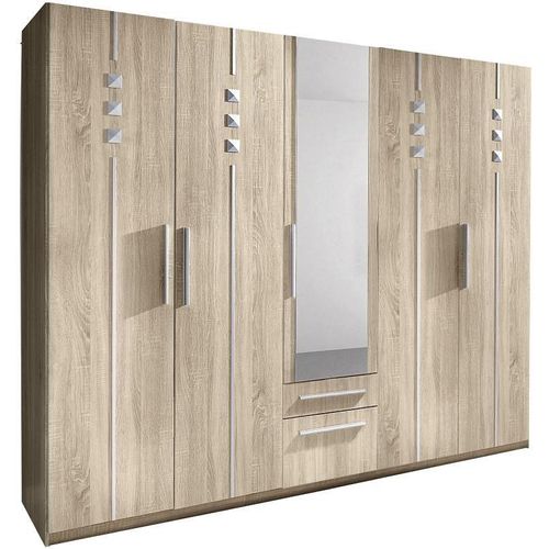 Kleiderschrank PRIESS, braun (struktureichefarben hell), B:231cm H:193cm T:54cm, Holzwerkstoff, Schränke, 1-bis 5-türig, mit silberfarbigen Applikationen