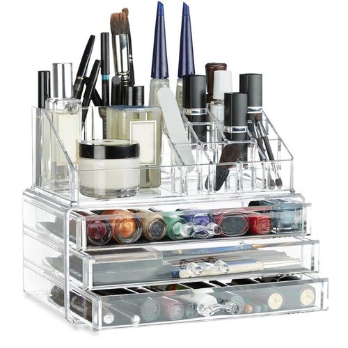 Make Up Organizer klein, 2-teilige Schminkaufbewahrung mit Schubladen, stapelbares Kosmetikregal, transparent - Relaxdays