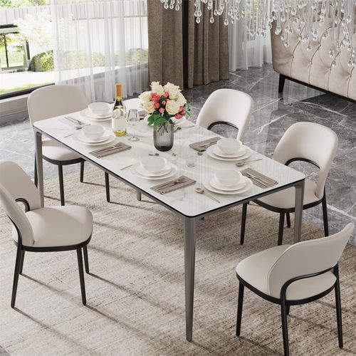WISFOR Esstisch Marmor Optik, Küchentisch Esszimmertisch für 6 Personen, Rechteckig Tisch mit Aluminium-Beinen, Modern Design, Bentley Weiß