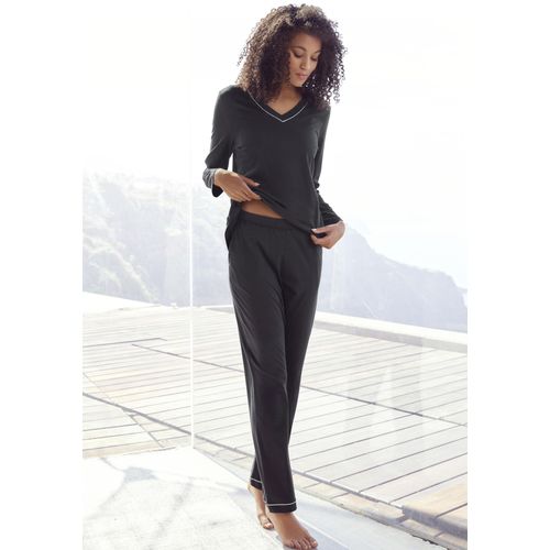 Pyjama VIVANCE DREAMS, Damen, Gr. 44/46, schwarz, Single Jersey, Obermaterial: 50% Baumwolle, 50% Modal, unifarben, Basic, bequem lang, V-Ausschnitt, Langarm eingesetzt, Homewear-Sets, mit Kontrastpaspel-Details
