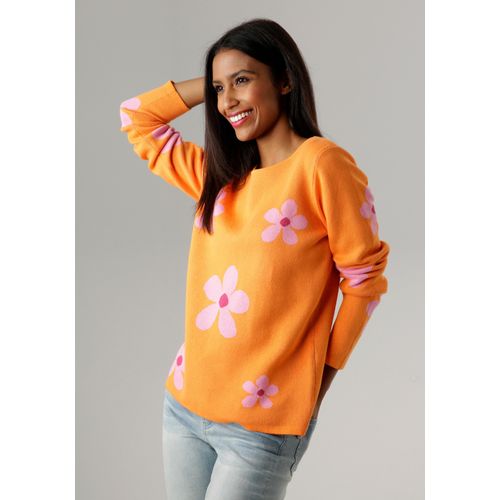 Rundhalspullover ANISTON SELECTED, Damen, Gr. 46, bunt (orange, rosa, fuchsia glänzend), Feinstrick, Obermaterial: 90% Baumwolle, 10% metallisierte Fasern, geblümt, leicht glänzend, elegant, figurumspielend hüftlang, Rundhals, Langarm Strickbündchen, Pullover, mit goldfarbenen Details im Blumenmuster