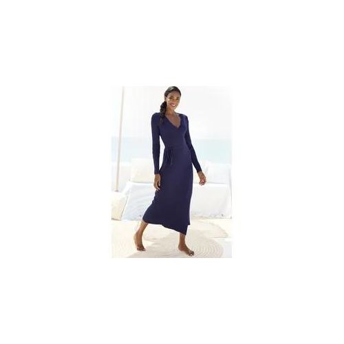 Strickkleid LASCANA Gr. 44/46, N-Gr, blau (marine) Damen Kleider Loungekleid zum wickeln mit Taillengürtel, Loungewear