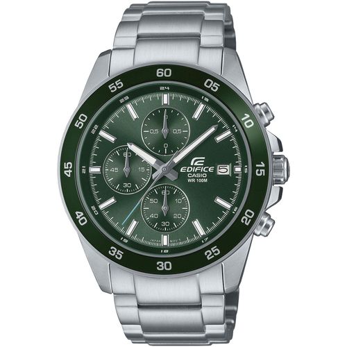 Chronograph CASIO EDIFICE Armbanduhren silberfarben (edelstahlfarben, grün) Herren Quarzuhr, Armbanduhr, Herrenuhr, bis 10 bar wasserdicht, Stoppfunktion