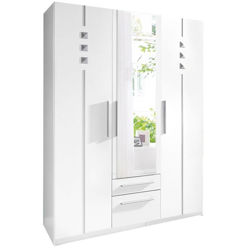 Kleiderschrank PRIESS, weiß, B:140cm H:193cm T:54cm, Holzwerkstoff, Schränke, 1-bis 5-türig, mit silberfarbigen Applikationen