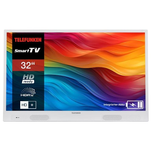 Telefunken 32 Zoll Fernseher tragbar mit Akku (HD Smart TV, Triple-Tuner, 6 Monate HD+ inkl.) weiß